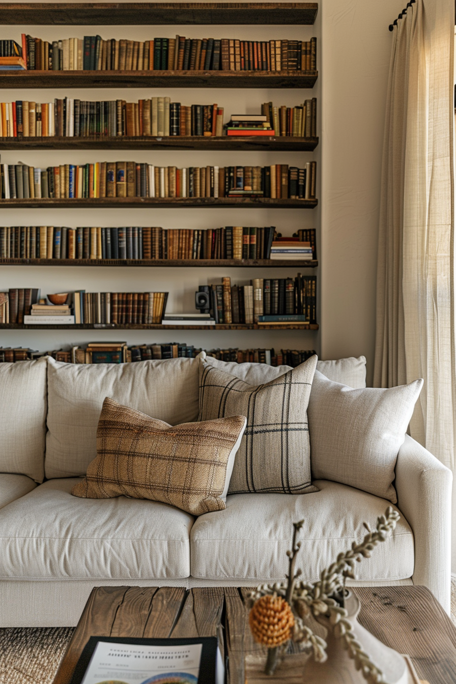 Cozy living room corner with a beige sofa, patterned cushions, and wooden bookshelves filled with books, beside a curtain-draped window.