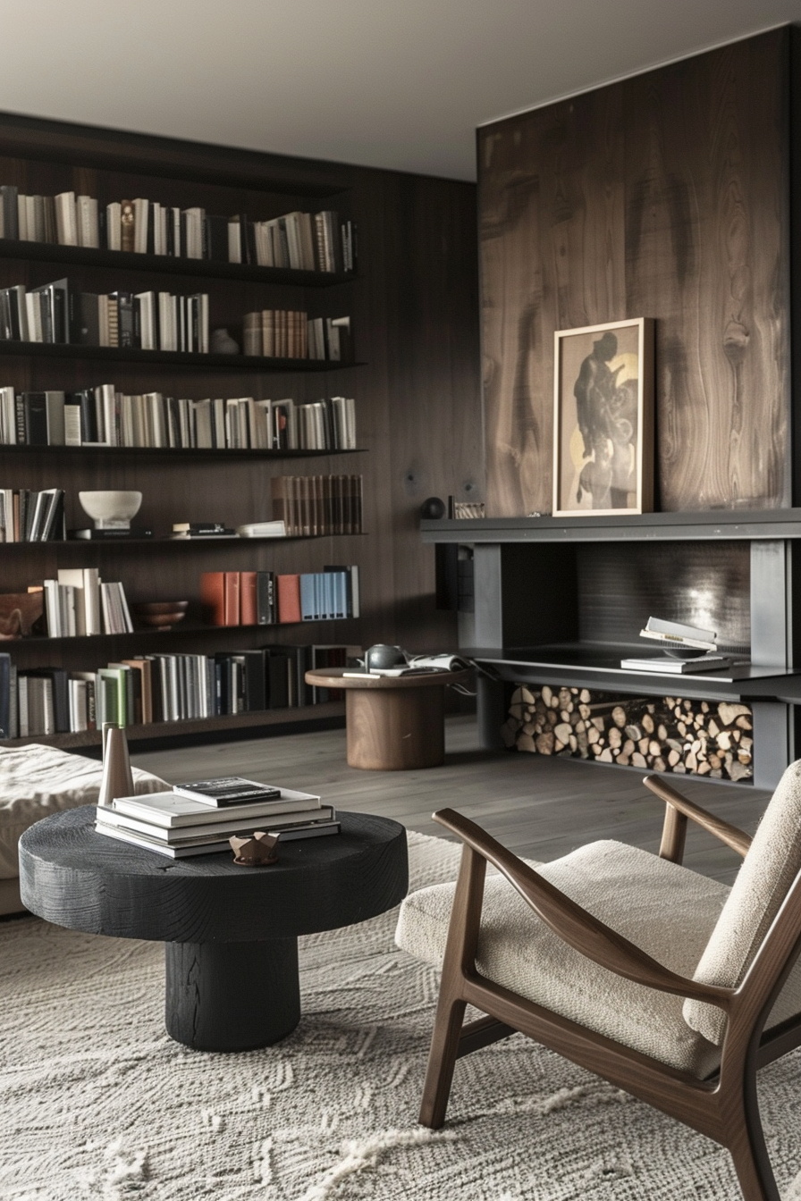 Cozy reading nook with dark wood bookshelves, a black coffee table, a mid-century modern chair, and a fireplace stocked with logs.