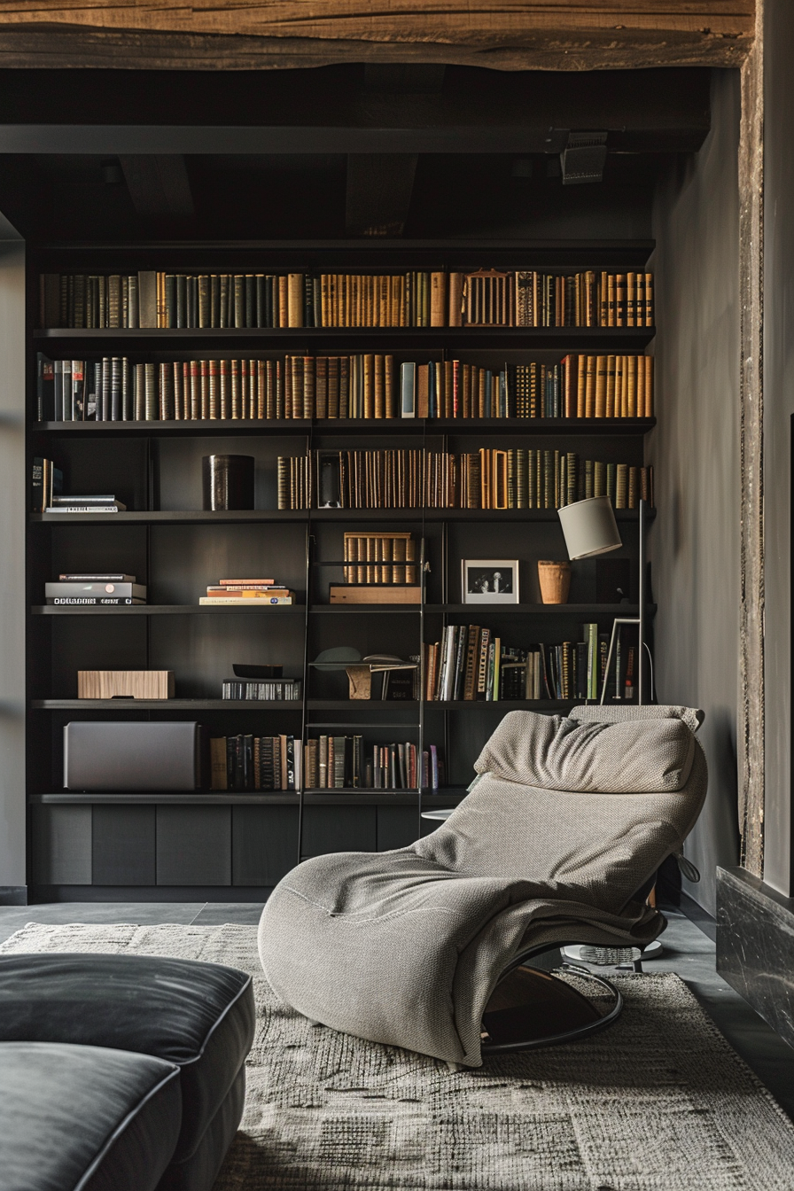 A cozy reading nook with a modern chaise lounge, a large bookshelf filled with books, and a soft area rug on dark flooring.