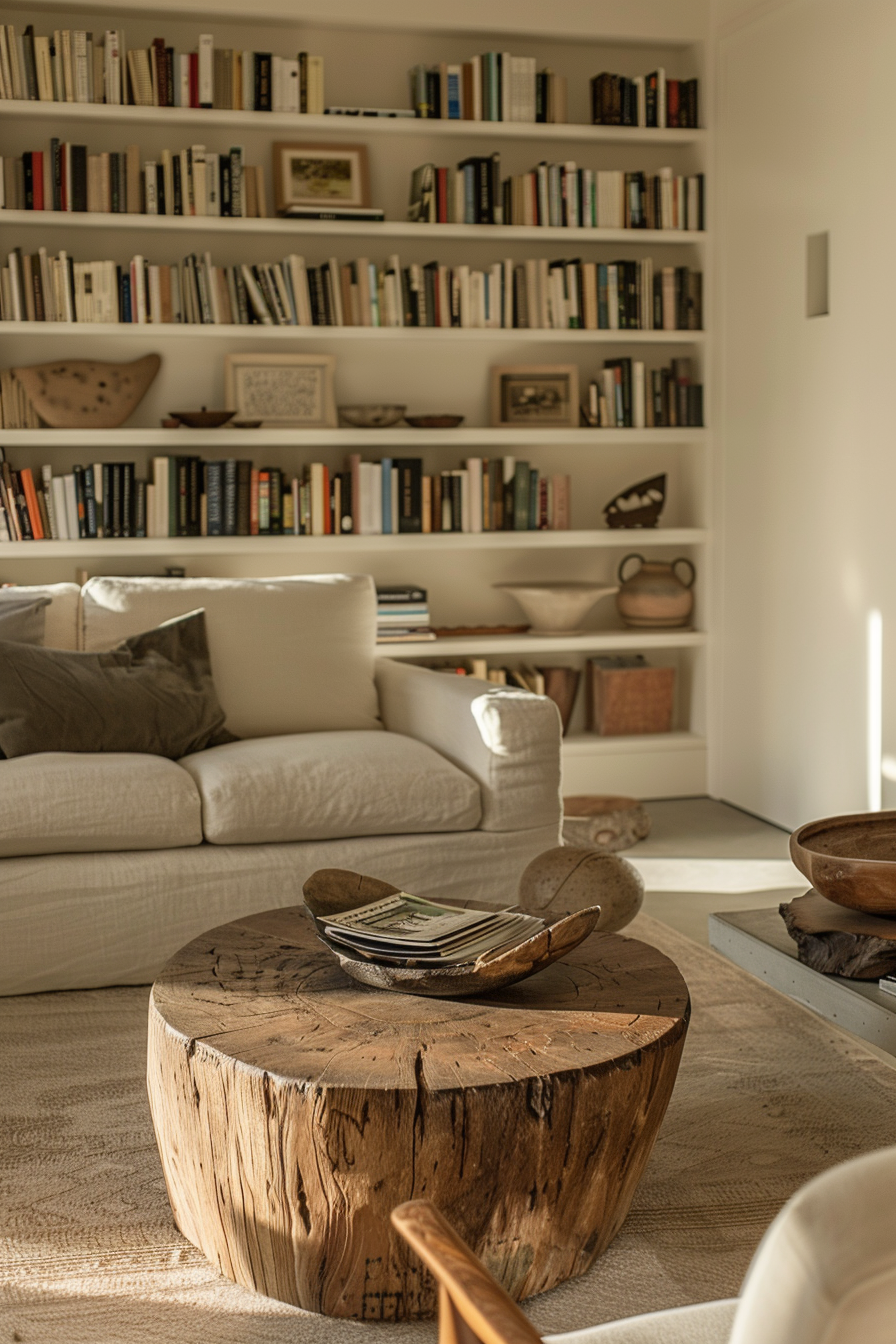 Cozy living room interior with a white sofa, wooden furniture, and a bookshelf full of books.