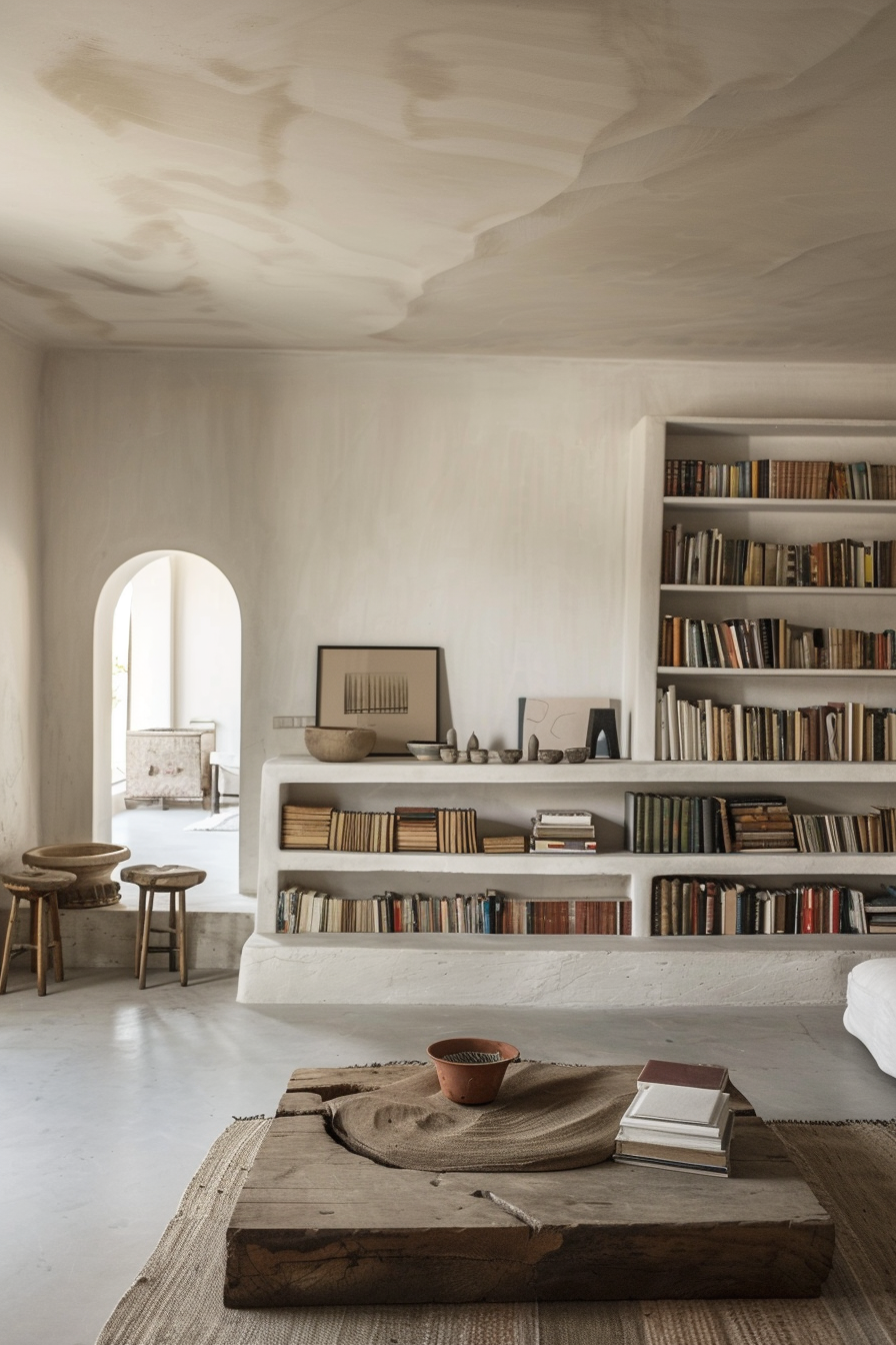 A serene room with earthy tones, featuring a white bookshelf filled with books, a rustic wooden table, and simple stools.