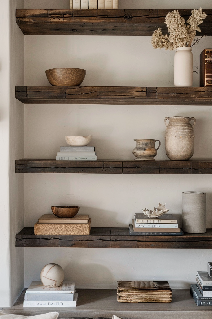 Rustic wooden shelves displaying an array of items including books, decorative vases, and bowls against a light wall.