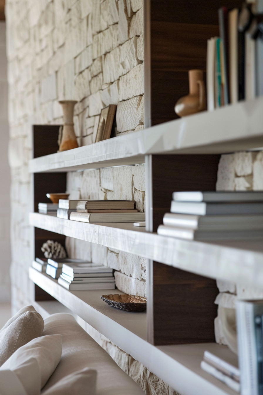 White bookshelves with books and decorative items against a textured stone wall, beside a white sofa.