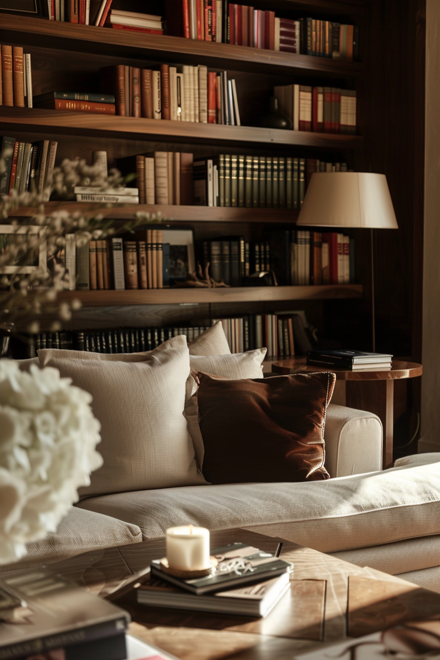 Cozy living room corner with a beige sofa, lit candle on a coffee table, and bookshelves filled with books in the background.