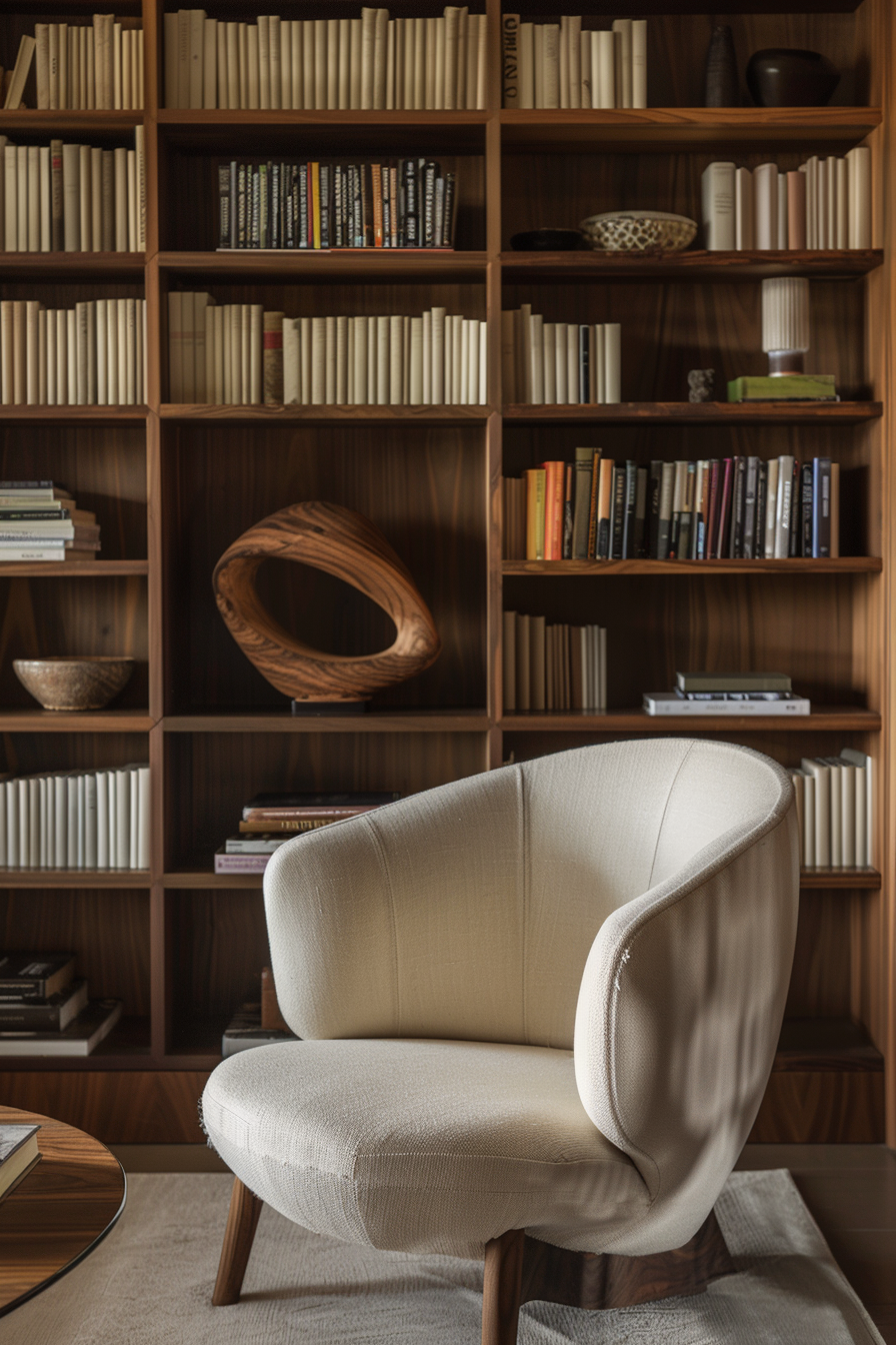 ALT: A cozy reading nook with a plush cream chair in the foreground and a wooden bookshelf filled with books in the background.
