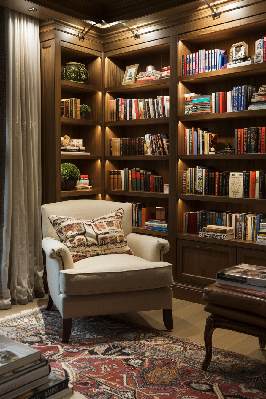 Cozy home library corner with a plush chair, wooden bookshelves filled with books, warm lighting, and an ornate rug.
