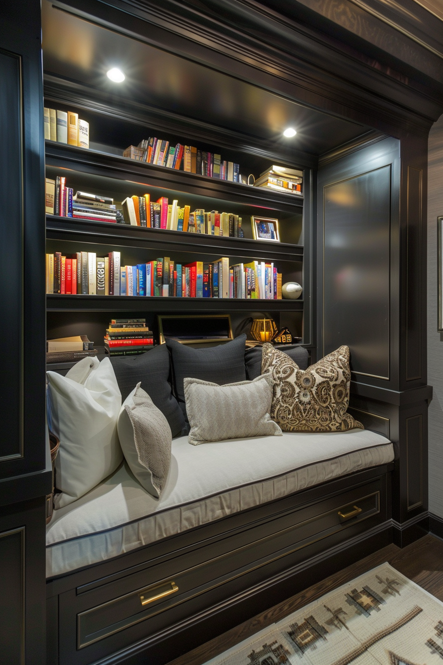 Cozy reading nook with built-in dark wood bookshelves filled with colorful books, a cushioned seat with pillows, and a warm light overhead.