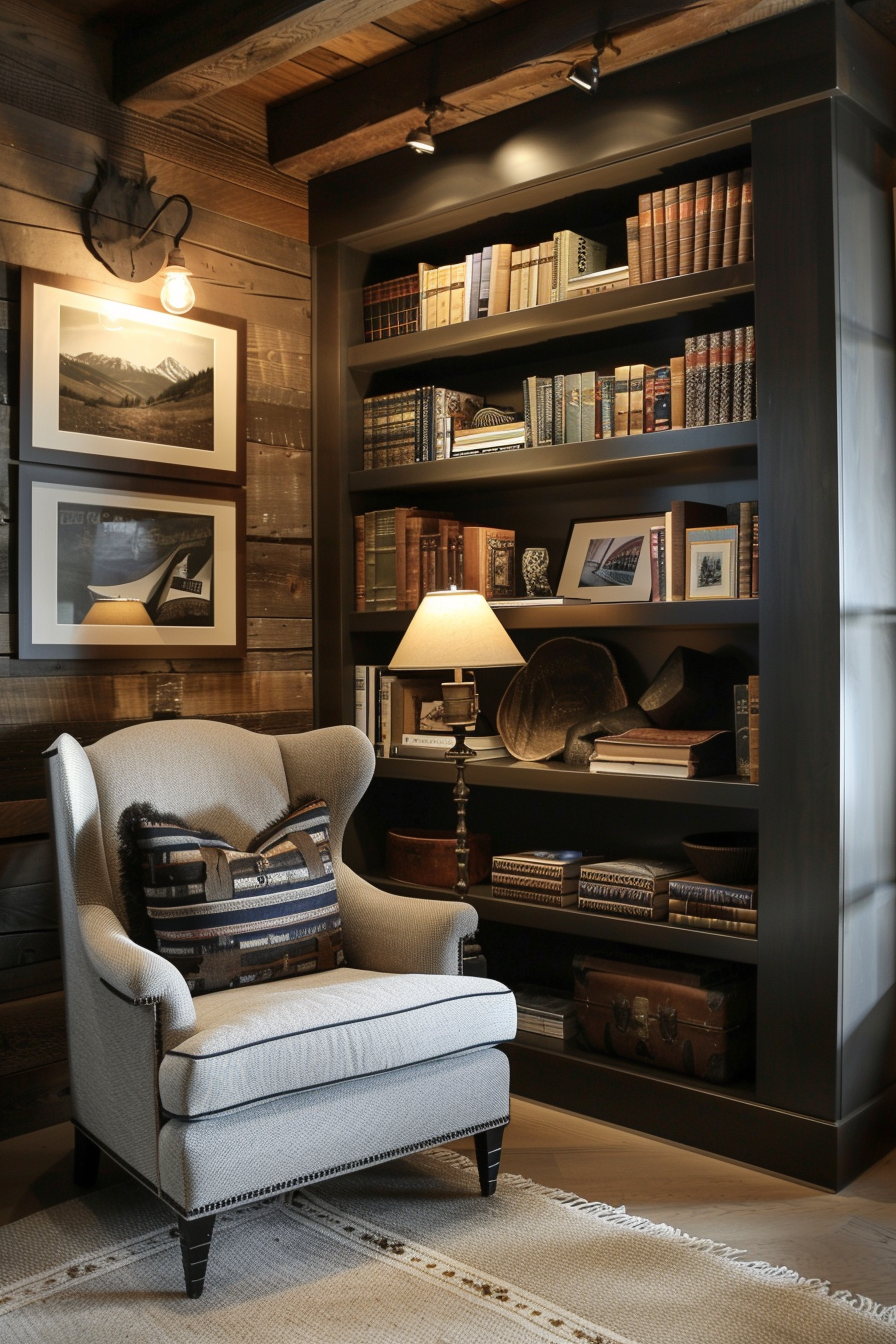 Cozy reading nook with a comfortable chair and ottoman, framed by a bookshelf filled with books, and warm lighting.