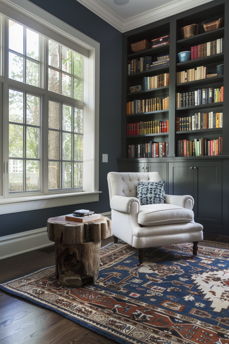 A cozy reading nook with a white armchair, a rustic wooden side table, an area rug, and dark bookshelves lined with books beside a window.