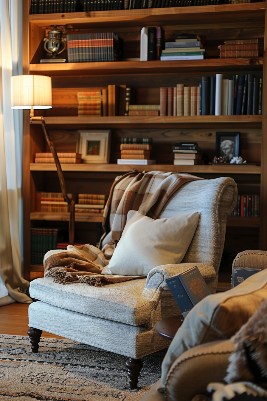 Cozy reading nook with a comfy armchair, plaid blanket, and bookshelves filled with books.