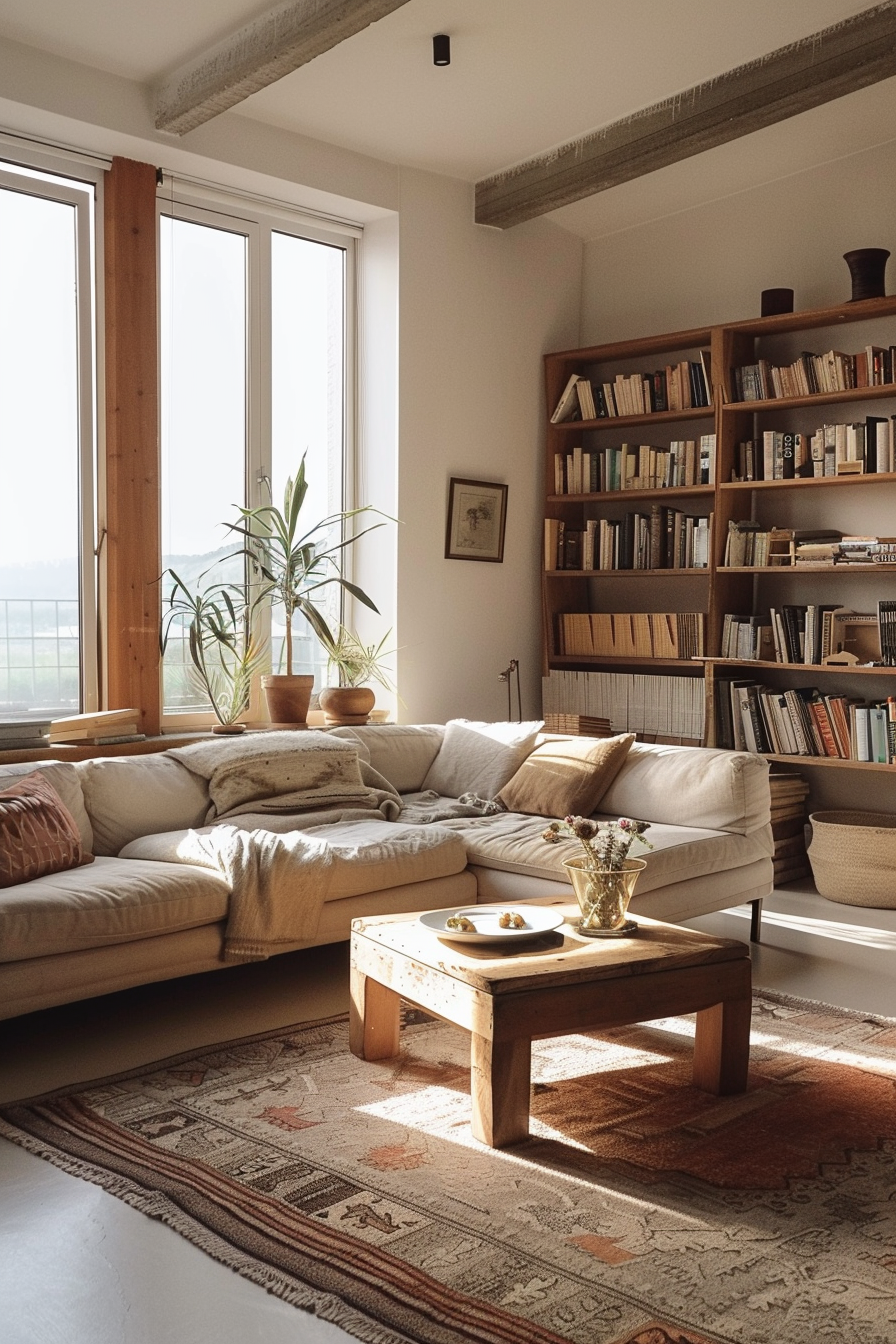 Cozy living room with large sofa, bookshelves, wooden coffee table, plants, and warm sunlight filtering in.