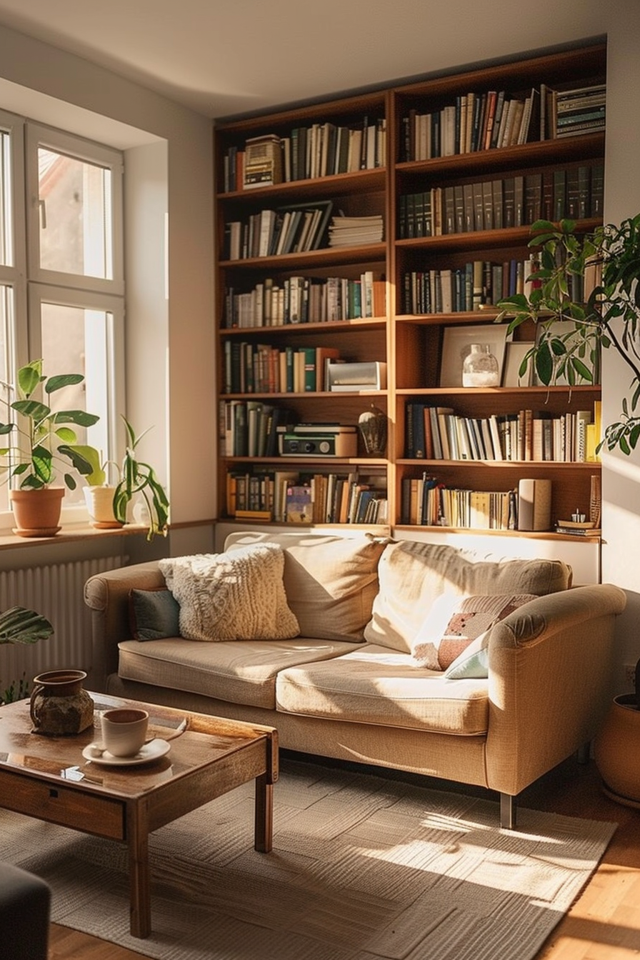 Cozy living room with sunlight, featuring a beige sofa, wooden coffee table, plants, and a full bookshelf by the window.