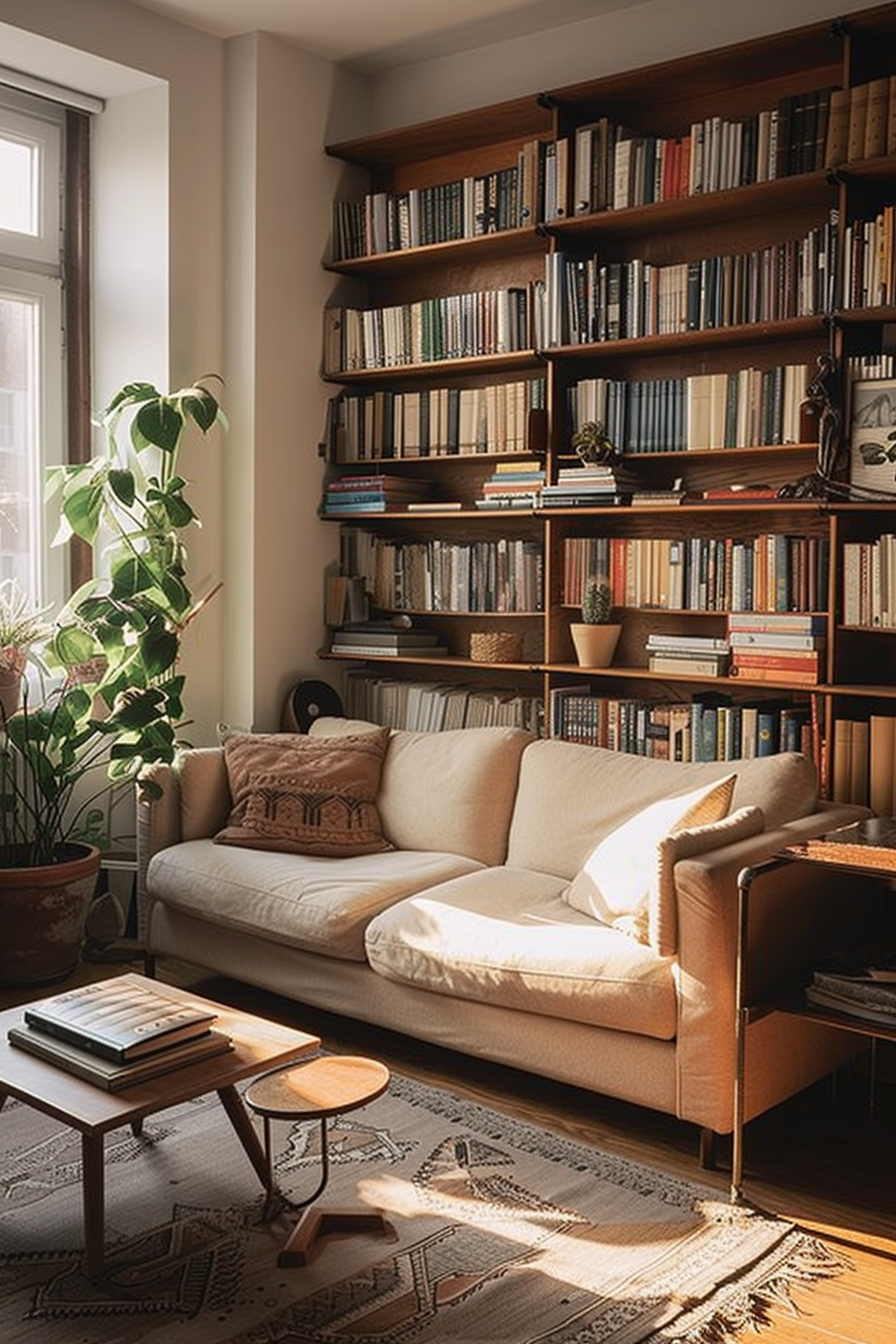 Cozy reading nook with a plush sofa, sunlight filtering through a window, and floor-to-ceiling bookshelves filled with books.