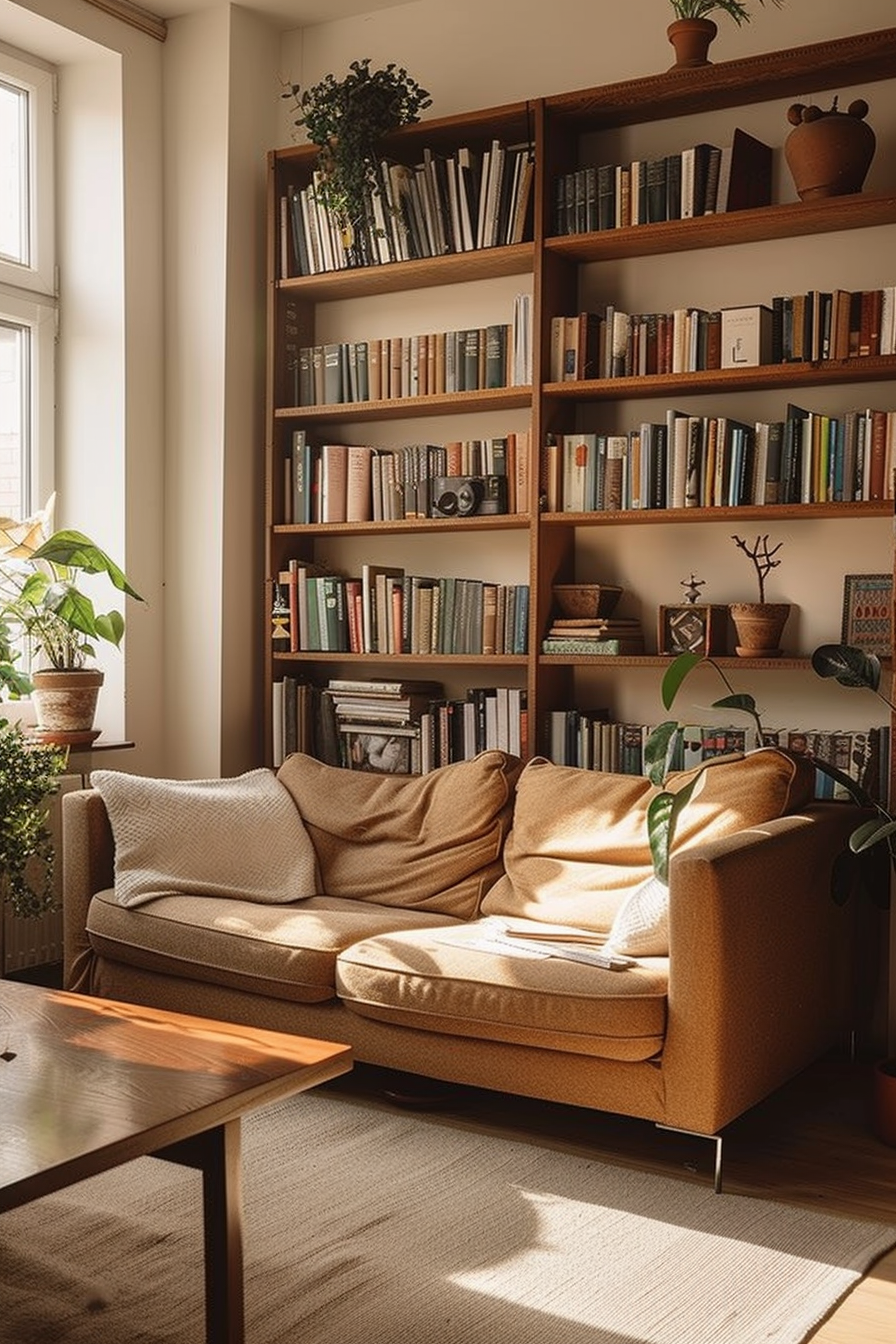 Alt text: "Cozy reading nook with a large bookshelf filled with books, a comfy beige couch, wooden coffee table, and potted plants in a sunlit room."