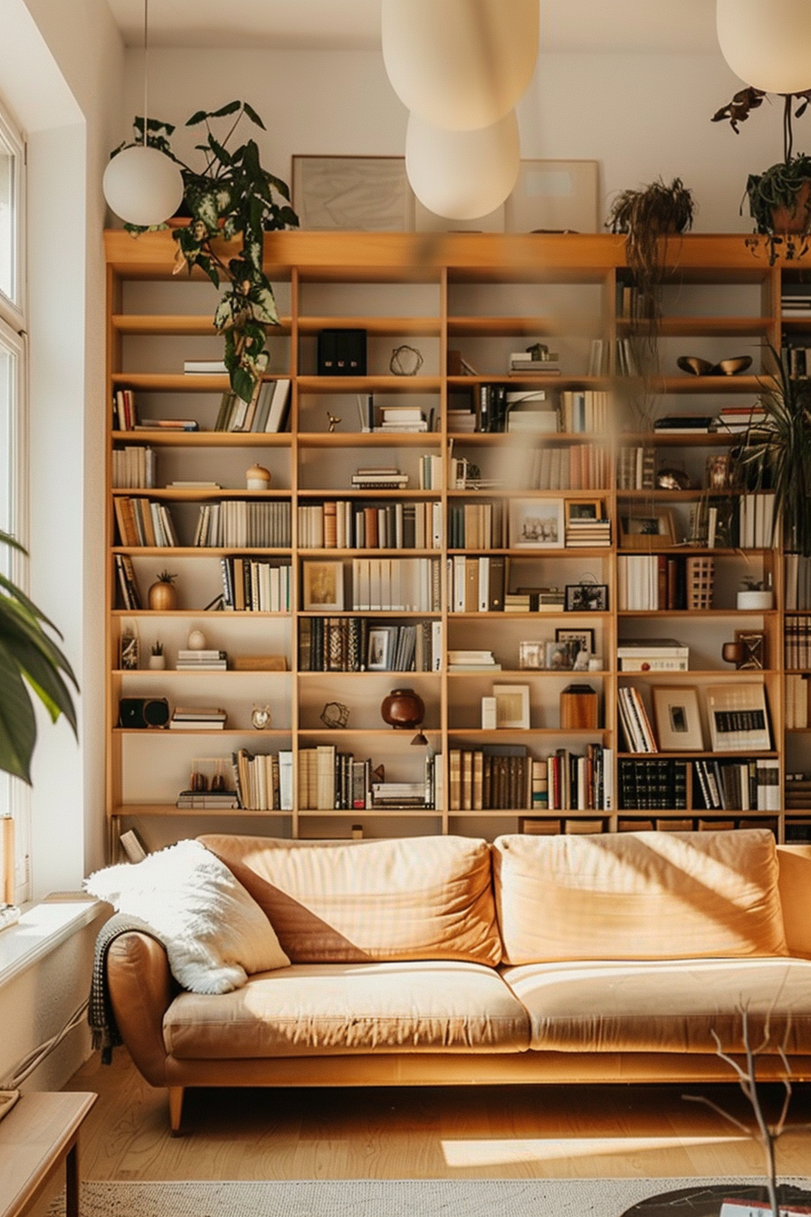A cozy living room with a large wooden bookshelf full of books and decorative items, and a comfortable tan leather sofa with a white cushion.
