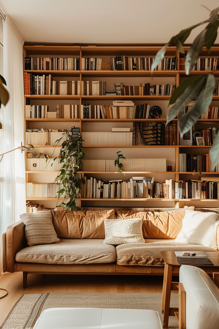 Cozy living room with a large bookshelf full of books, a comfortable brown leather sofa, and plants adding a touch of greenery.