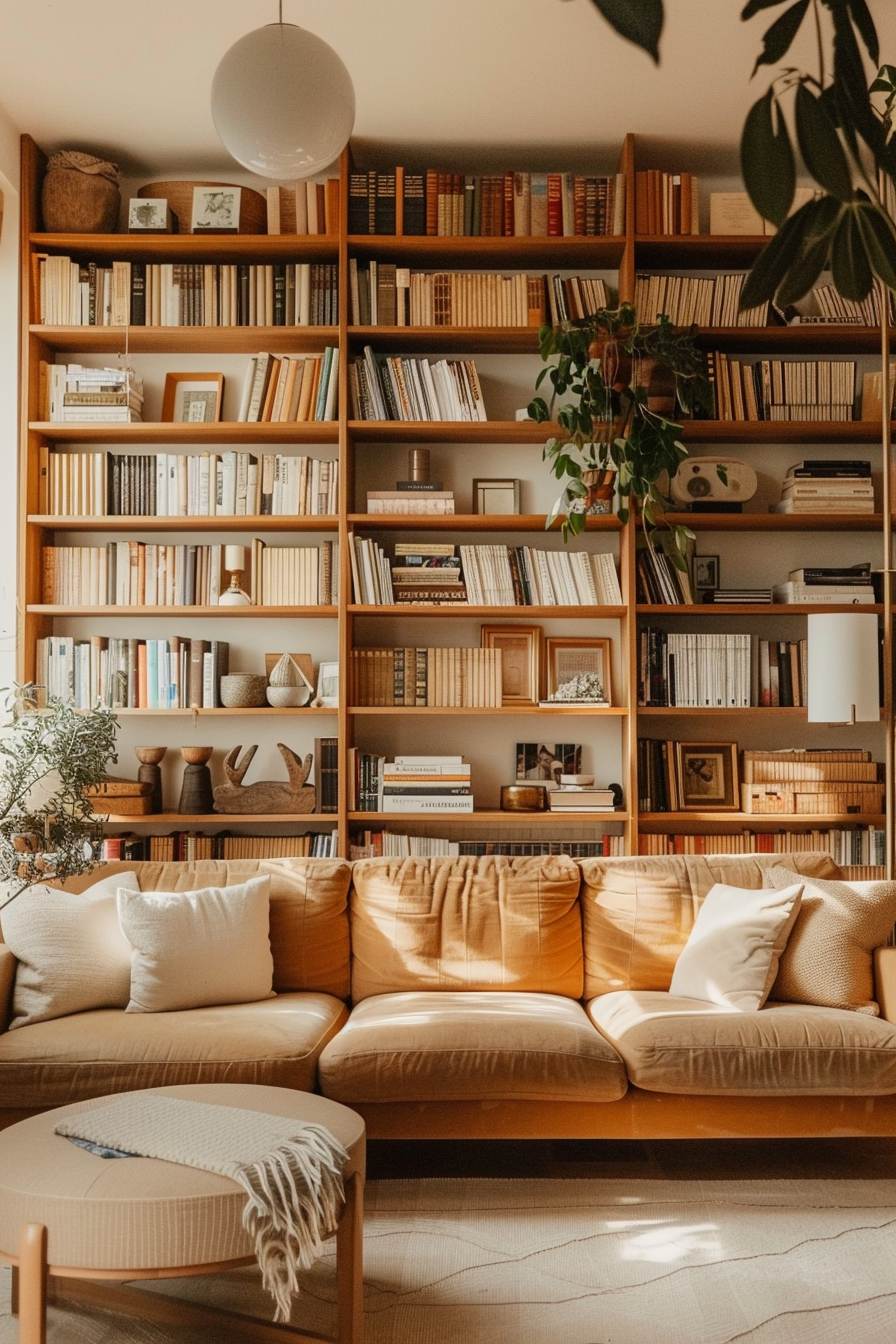 A cozy living room with a large tan leather couch, a round table, and floor-to-ceiling bookshelves filled with books.