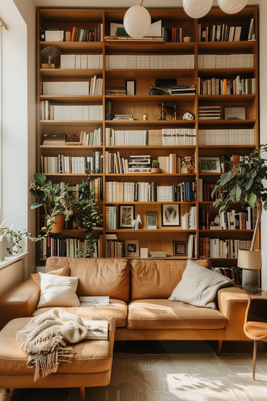 Cozy living room corner with a large leather sofa, book-filled wooden shelves, plants, and warm sunlight.