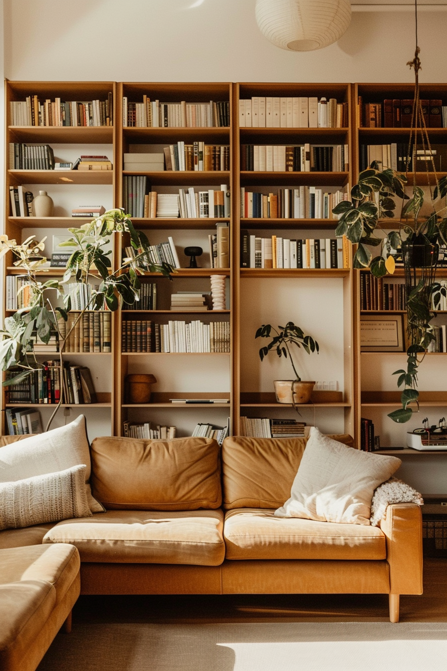 Cozy living room with a large bookshelf full of books, leather couch, and houseplants, bathed in warm sunlight.