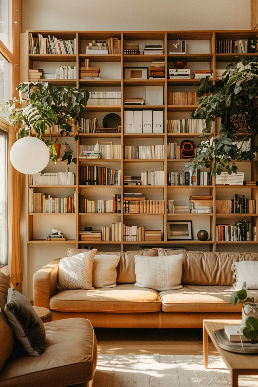 A cozy living room with a large bookshelf filled with books, potted plants, and a comfortable tan leather sofa adorned with pillows.