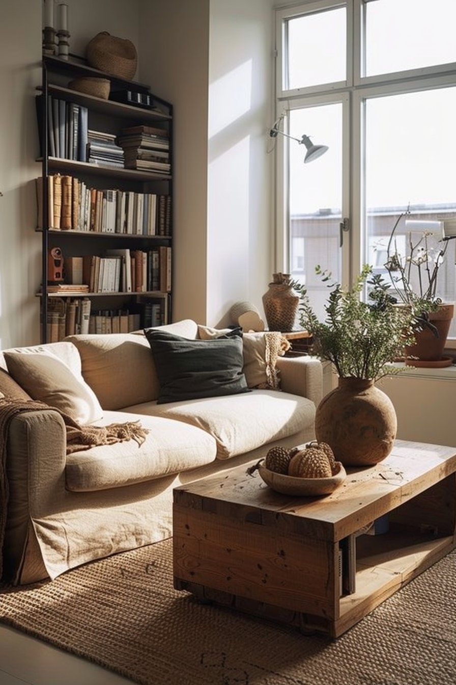 Cozy living room corner with a beige sofa, wooden coffee table, bookshelf, decorative plants, and sunlight from a large window.