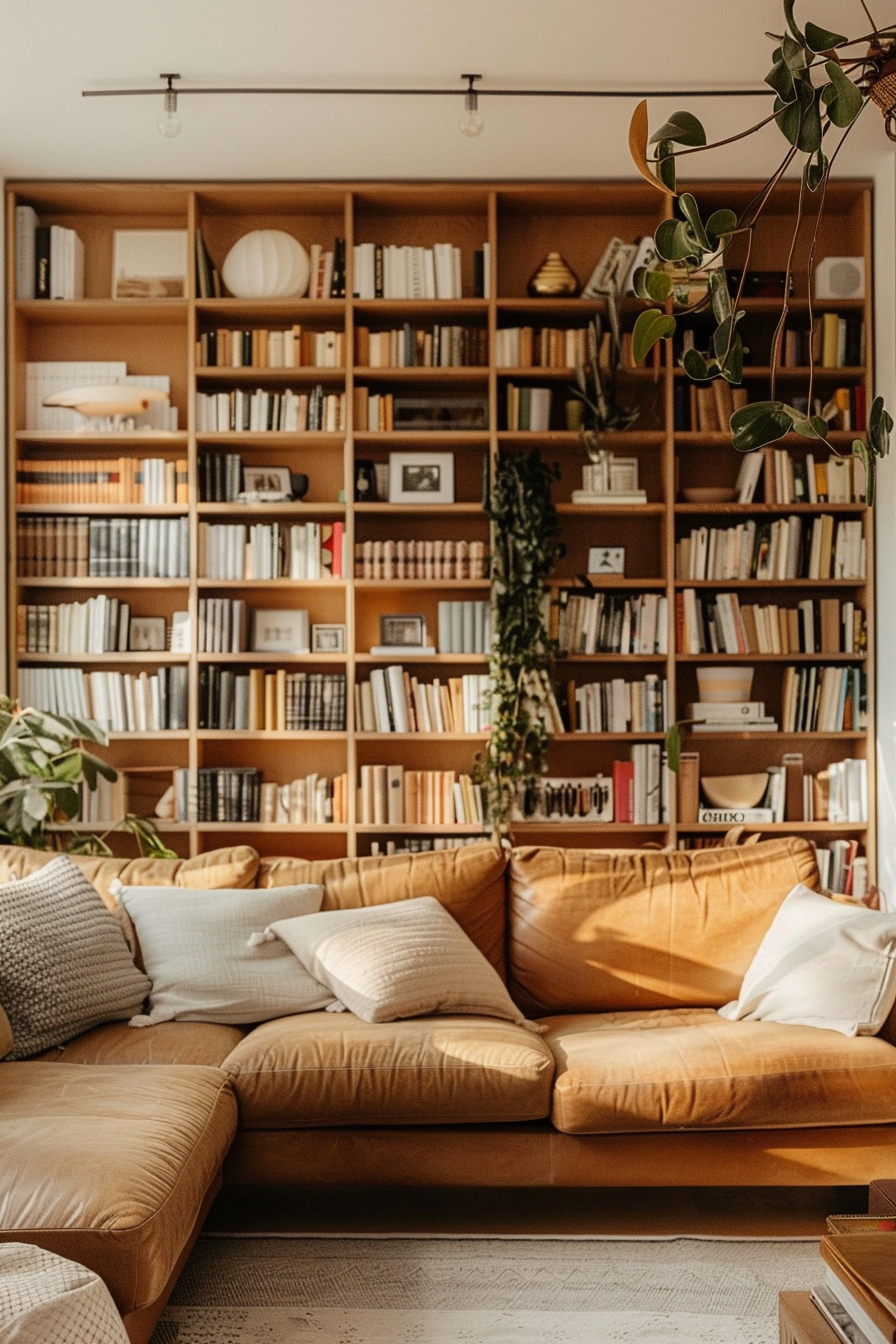 Cozy living room corner with a large tan leather sofa and a wall-to-wall wooden bookshelf filled with books and decorative items.