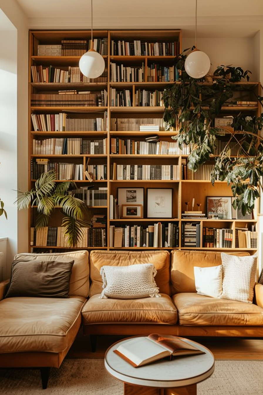 A cozy living room with a large bookshelf full of books, a leather couch with cushions, hanging plants, and an open book on a coffee table.