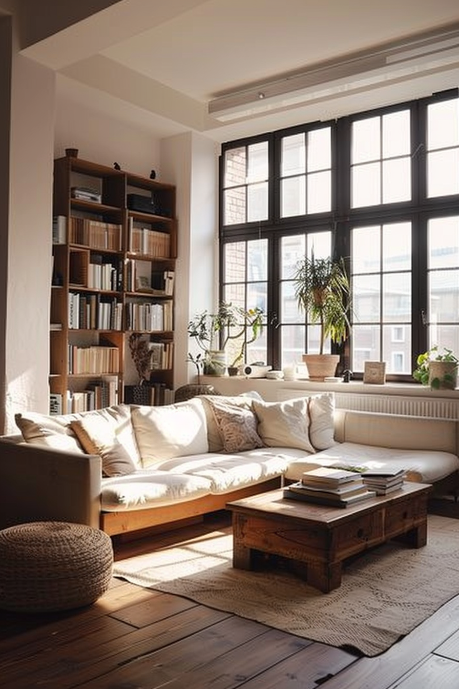 A cozy living room with a large window, bookshelves, a white couch, wooden furniture, and potted plants bathing in natural light.