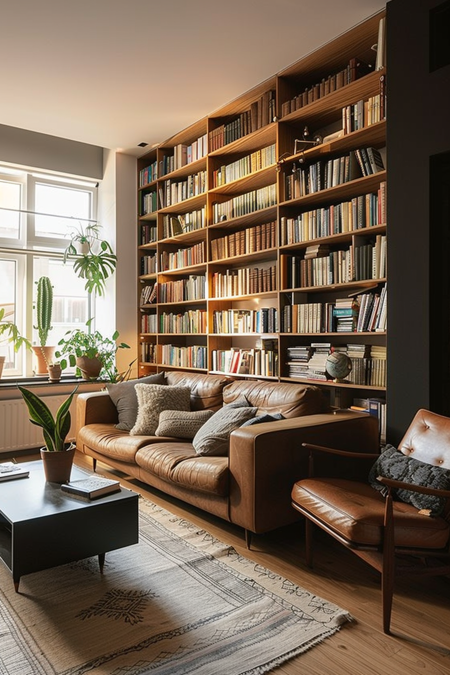 Cozy reading nook with a leather sofa, a full bookshelf, plants by the window, and a patterned rug.