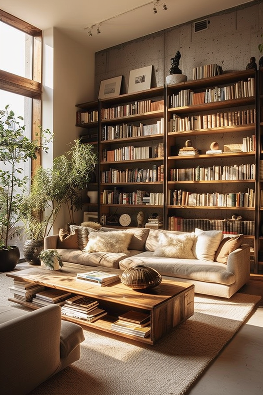 Cozy living room with large bookshelf, comfortable sofa, wooden furniture, and indoor plants illuminated by natural sunlight.