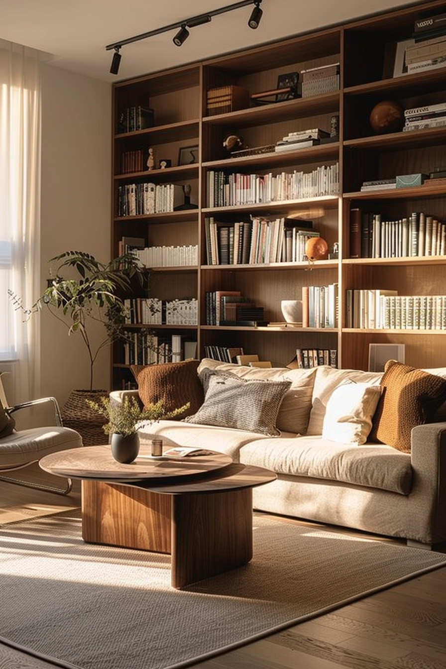 Cozy living room with bookshelves, sofa, cushions, coffee table, and rug, bathed in warm sunlight.