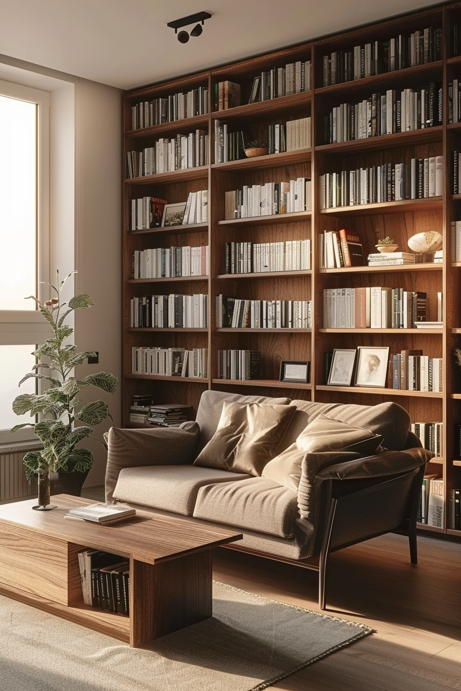 Cozy reading nook with a large bookshelf filled with books, a comfortable sofa with cushions, a coffee table, and a potted plant.
