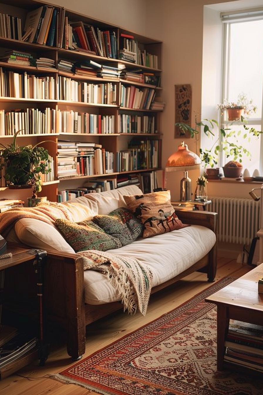 A cozy reading nook with a daybed, colorful throw pillows, a knitted blanket, bookshelves, plants by the window, and a red rug.