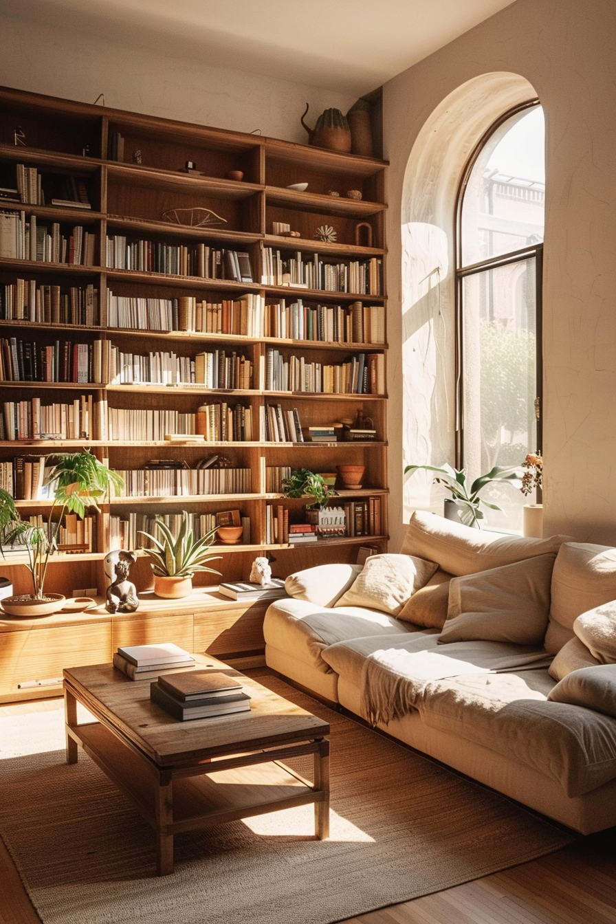 A cozy reading nook featuring a large bookshelf, comfortable couch, wooden coffee table, potted plants, and warm sunlight filtering through an arched window.