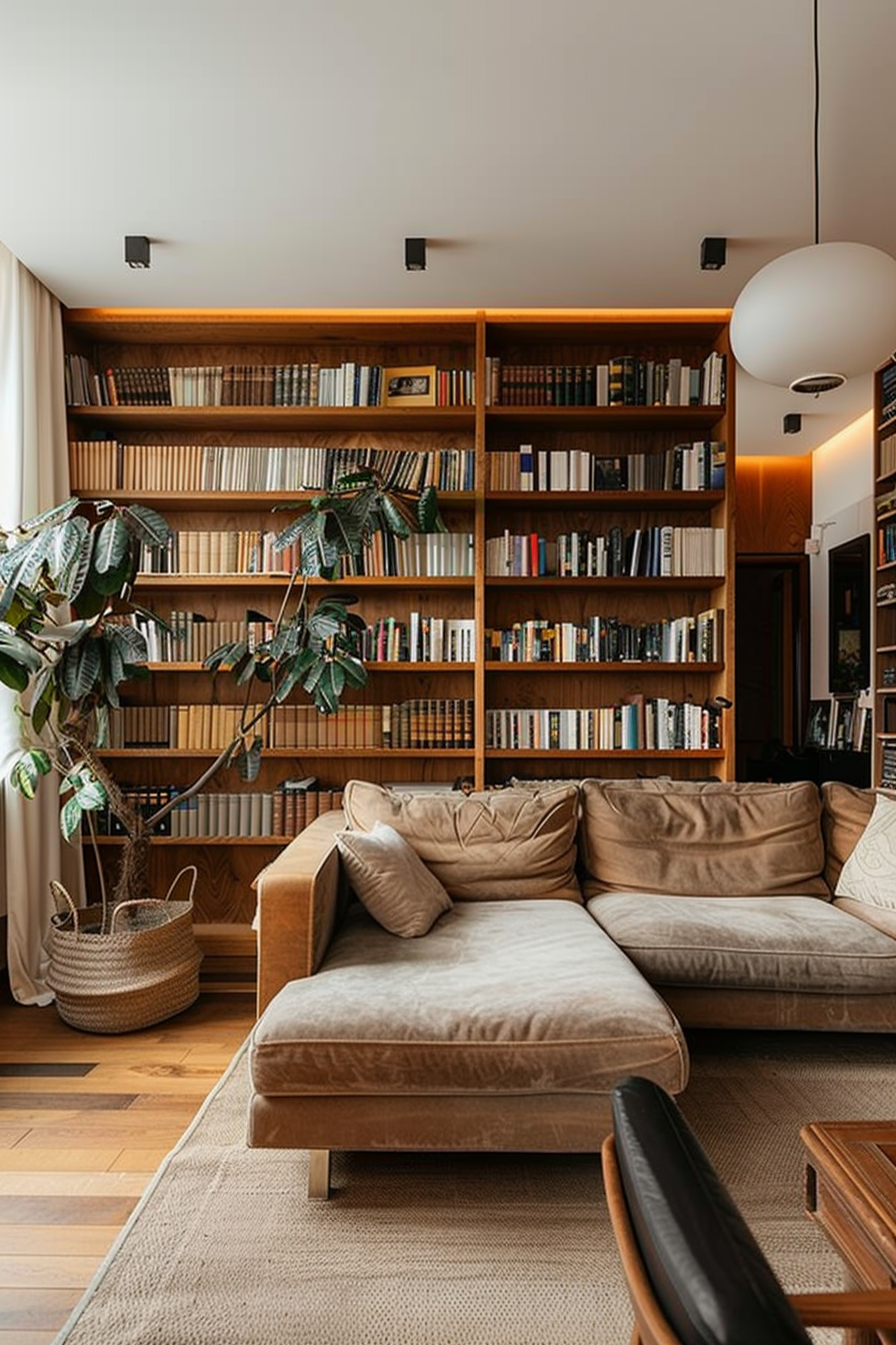 Cozy living room with large bookshelf filled with books, a beige sofa, wooden floor, and potted plant.