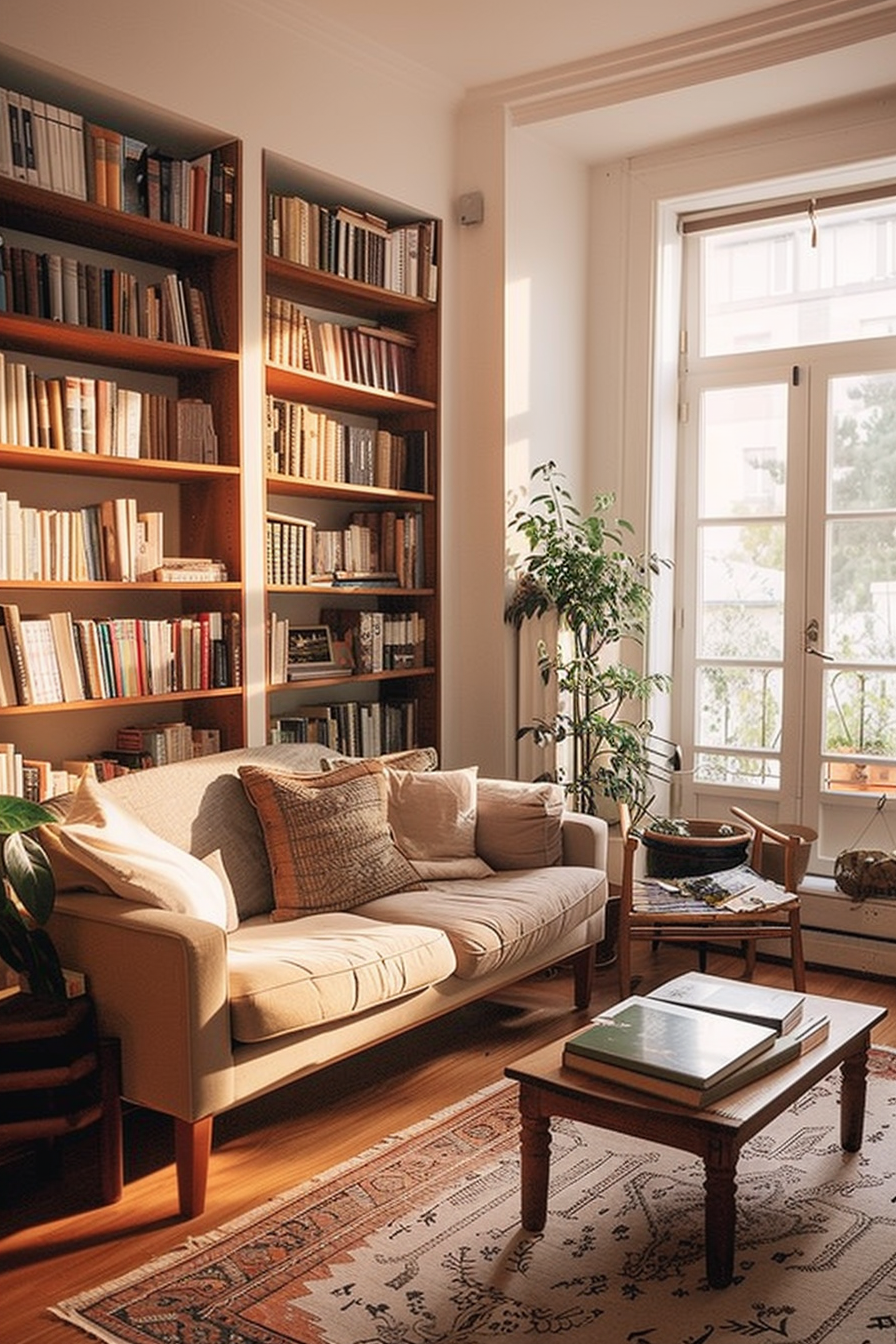 Cozy living room with bookshelves, a sofa, a green plant by the window, and sunlight streaming in.