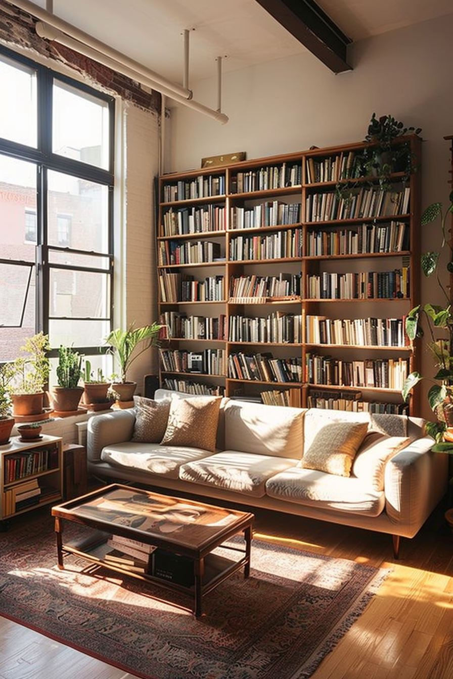 Cozy living room with a large bookshelf filled with books, comfortable sofa, plants by the window, and sunlight streaming in.