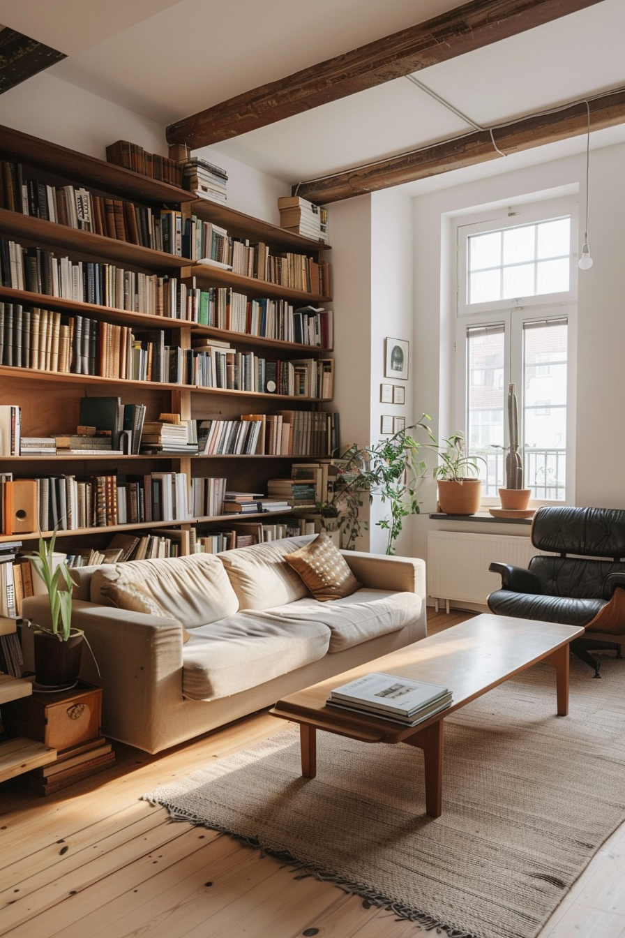 Cozy living room with a large bookshelf, comfortable sofa, wooden coffee table, plants, and exposed ceiling beams.