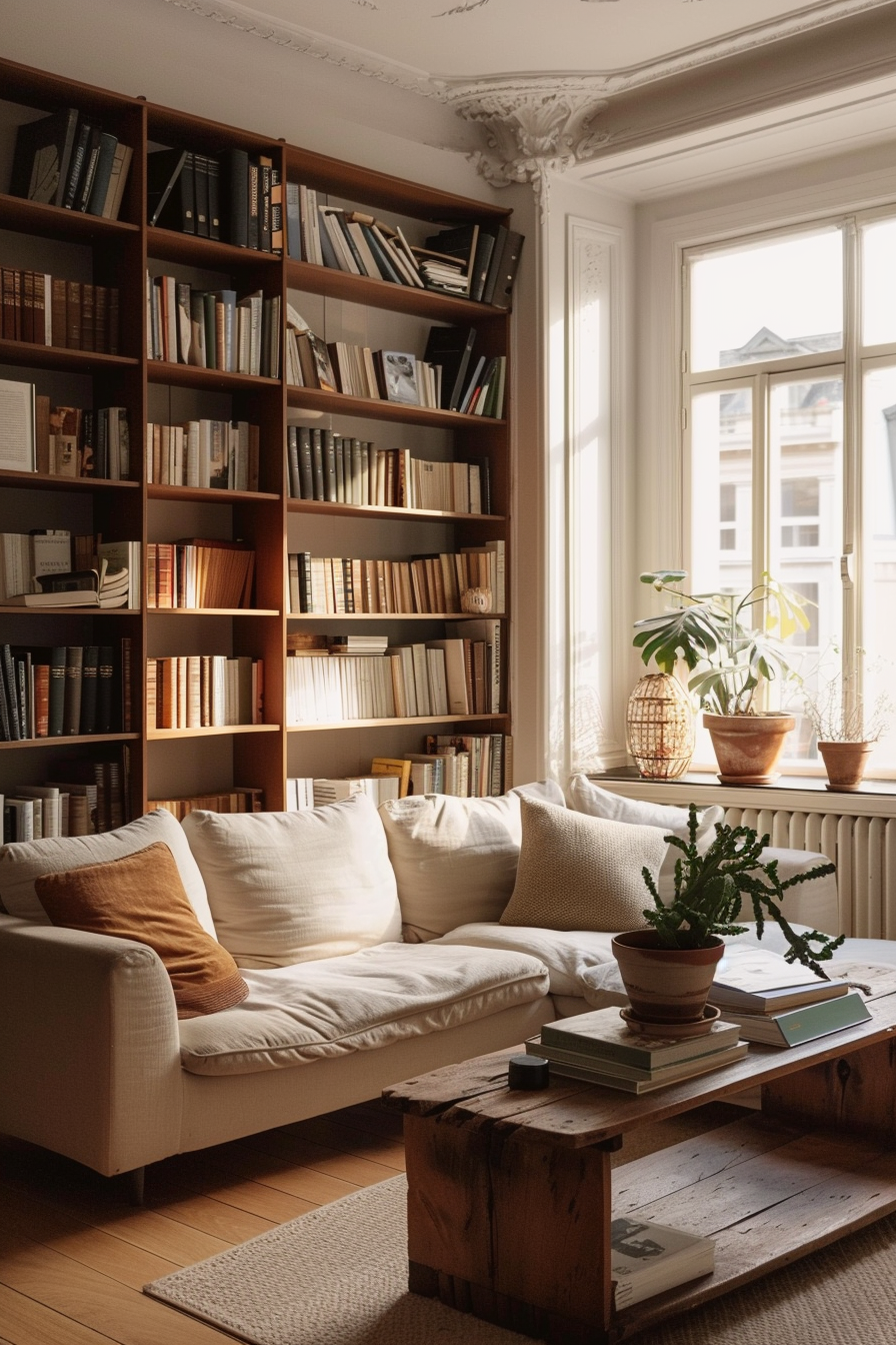 Cozy living room with large bookshelf, white sofa, wooden coffee table, and plants by the window with sunlight streaming in.