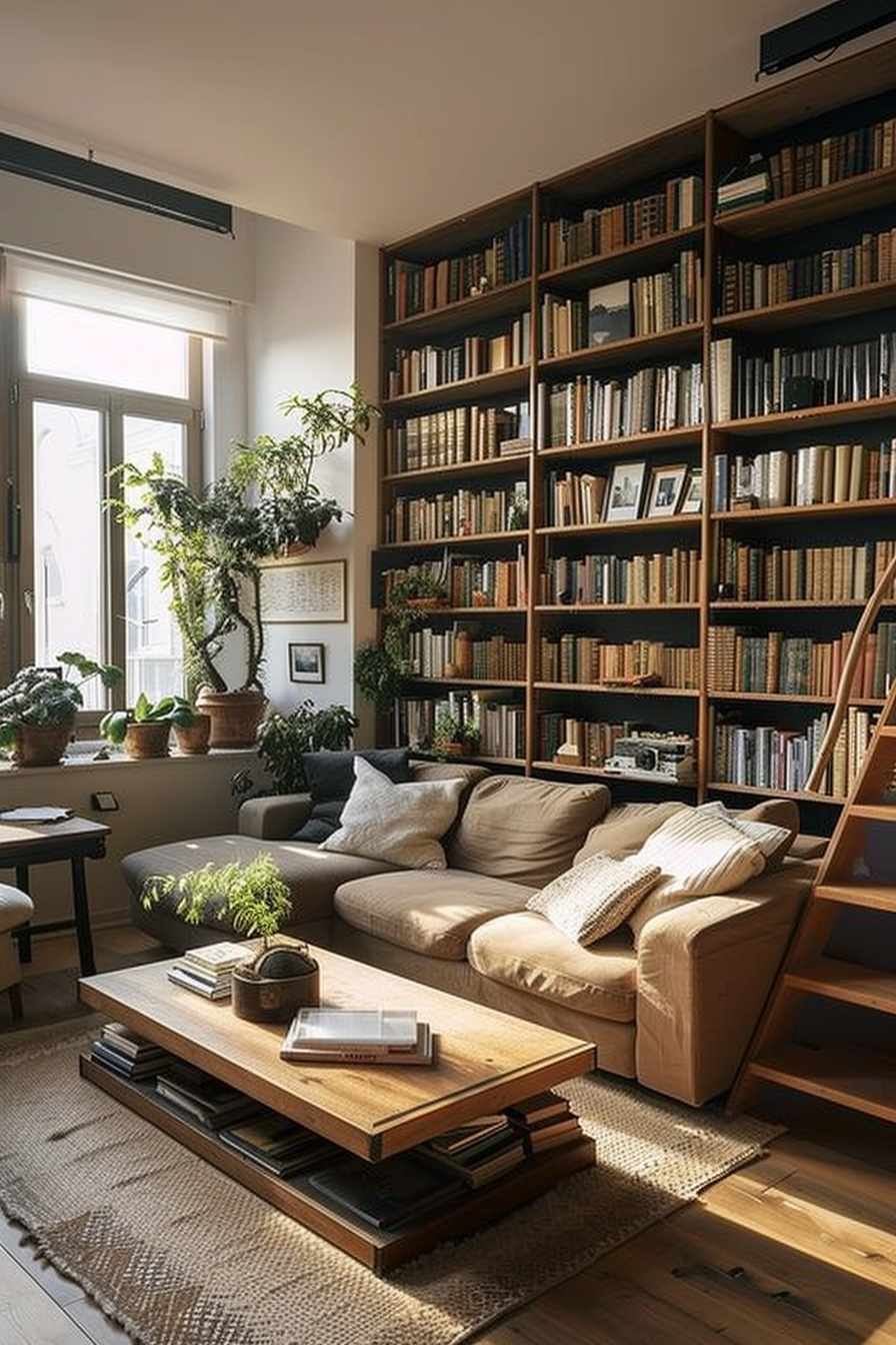 Cozy living room with bookshelves, sunlight streaming in, a beige couch, plants, and a wooden coffee table.