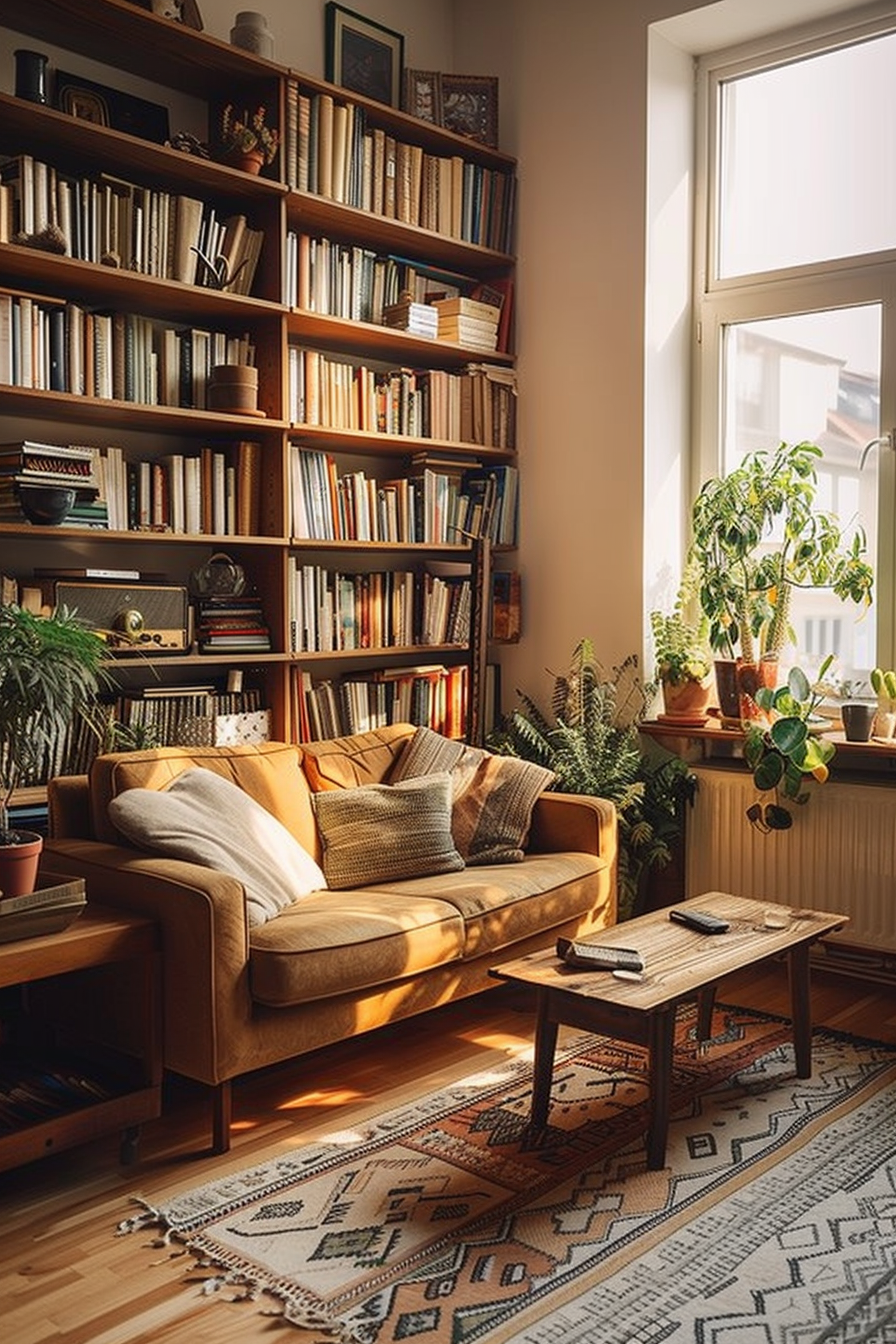 Cozy living room with sunlight filtering through a window, a filled bookshelf, a tan sofa with pillows, and a wooden coffee table.