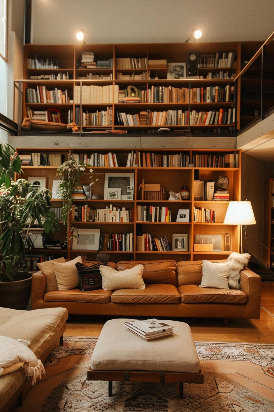Cozy living room with large bookshelves, leather sofa, and warm lighting, creating an inviting atmosphere.