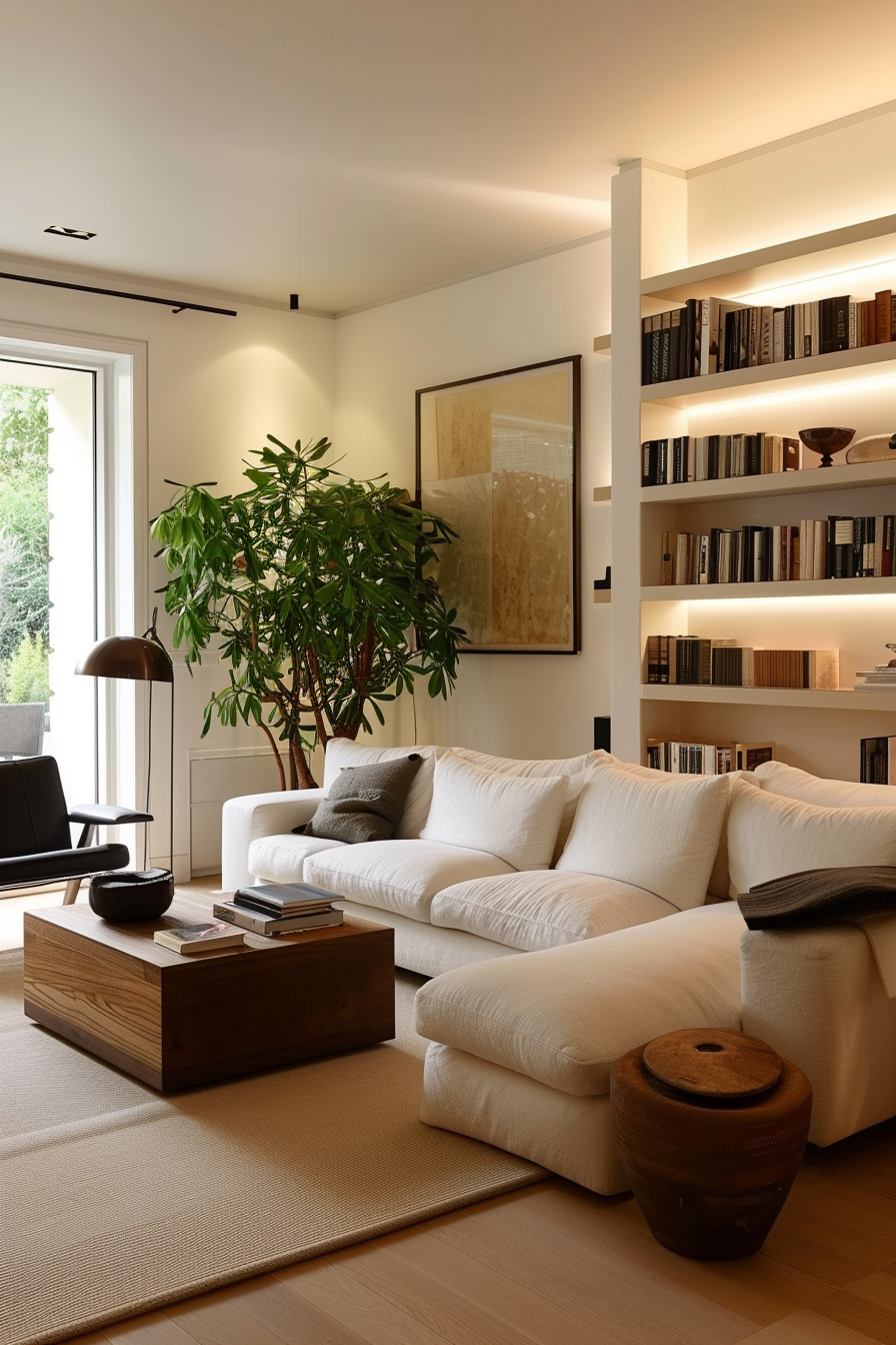 Cozy living room interior with a large white sofa, wooden furniture, bookshelves, and a potted plant by the window.
