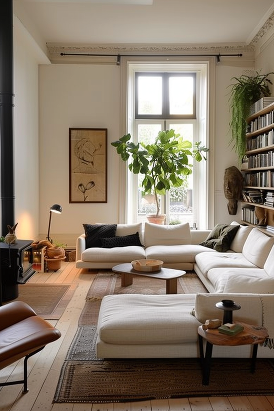 Cozy living room with white sectional sofa, wooden furniture, potted plants, and a black wood stove on a layered rug background.