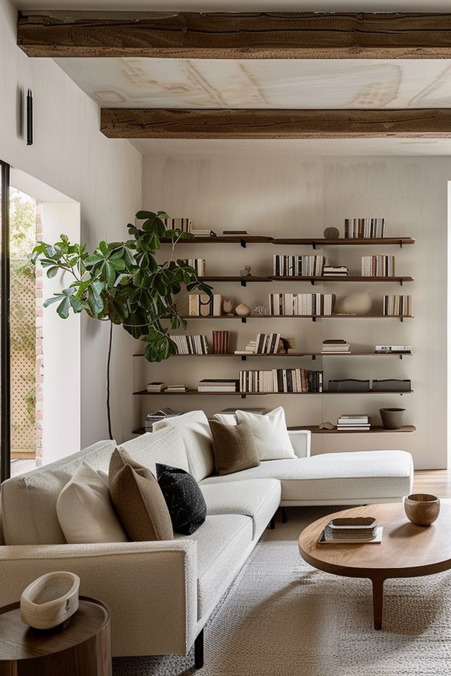 A cozy living room with a white sectional sofa, wooden bookshelves, a round coffee table, and a potted plant.