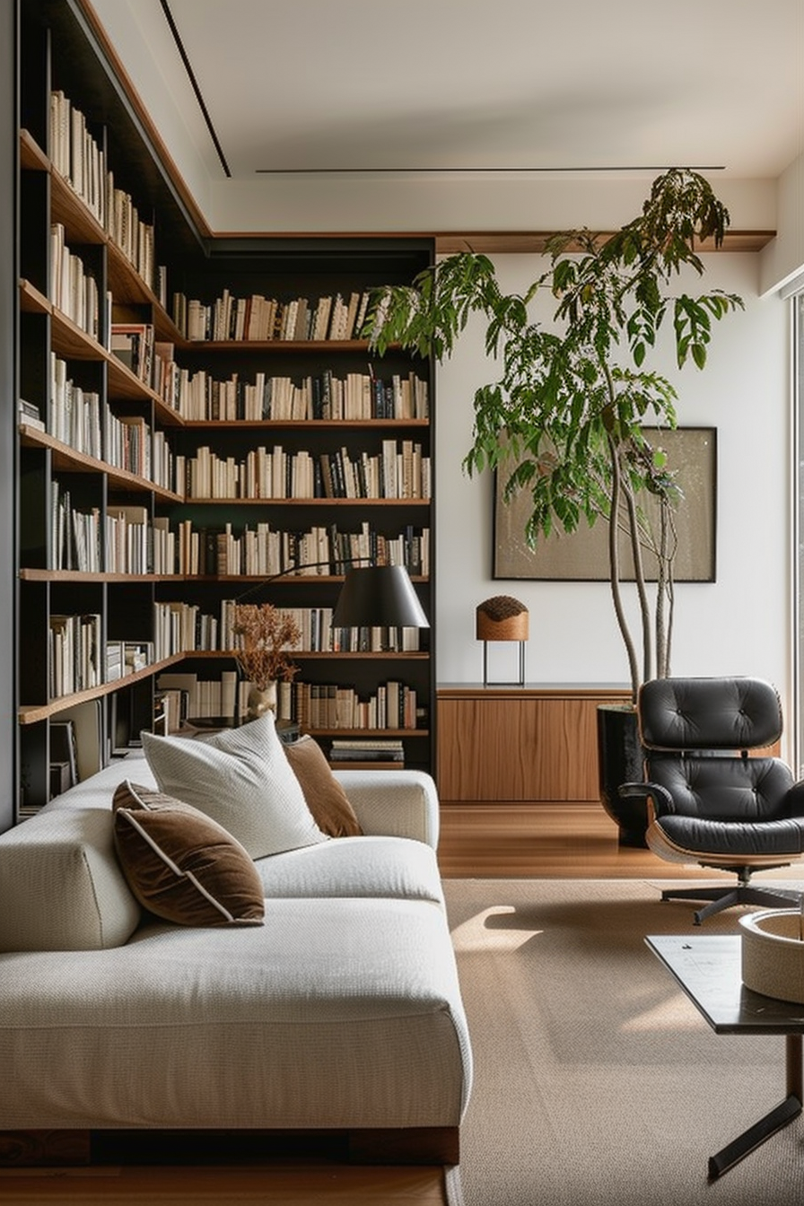 "Cozy reading nook with a beige sofa, black Eames chair, wooden bookshelves full of books, and a large indoor plant."