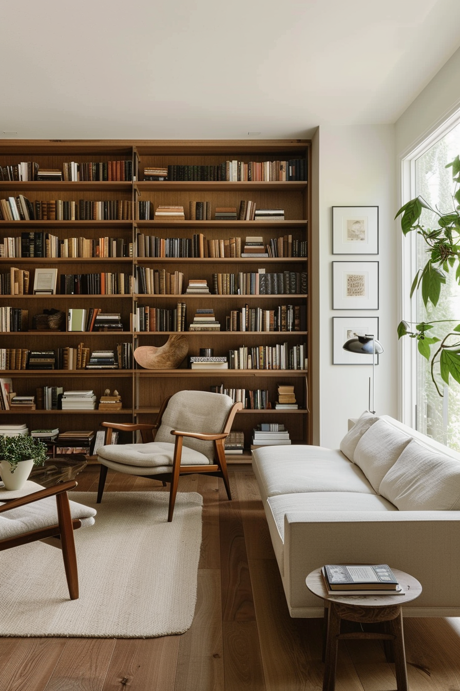 Cozy living room with a full wall bookshelf, mid-century modern furniture, and large window allowing natural light.