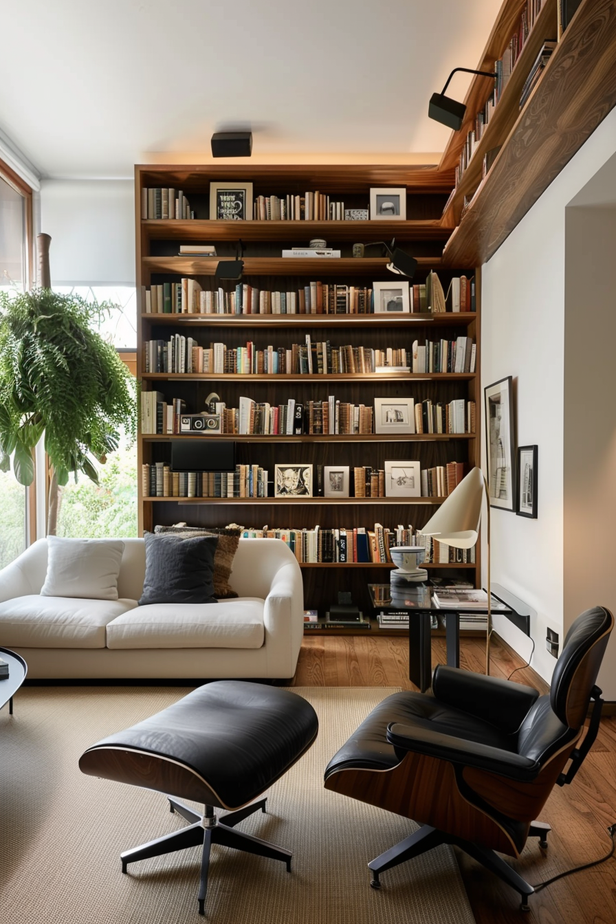 Cozy reading nook with a white sofa, modern leather chair, ottoman, and large wooden bookshelves filled with books.