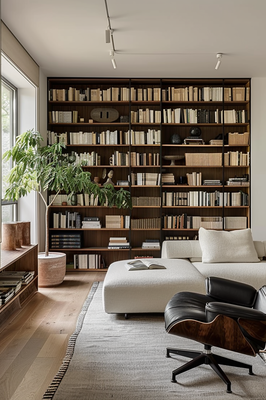 Cozy modern living room with a wall-to-wall bookshelf, a large leafy plant, a white sofa, and a black leather chair.