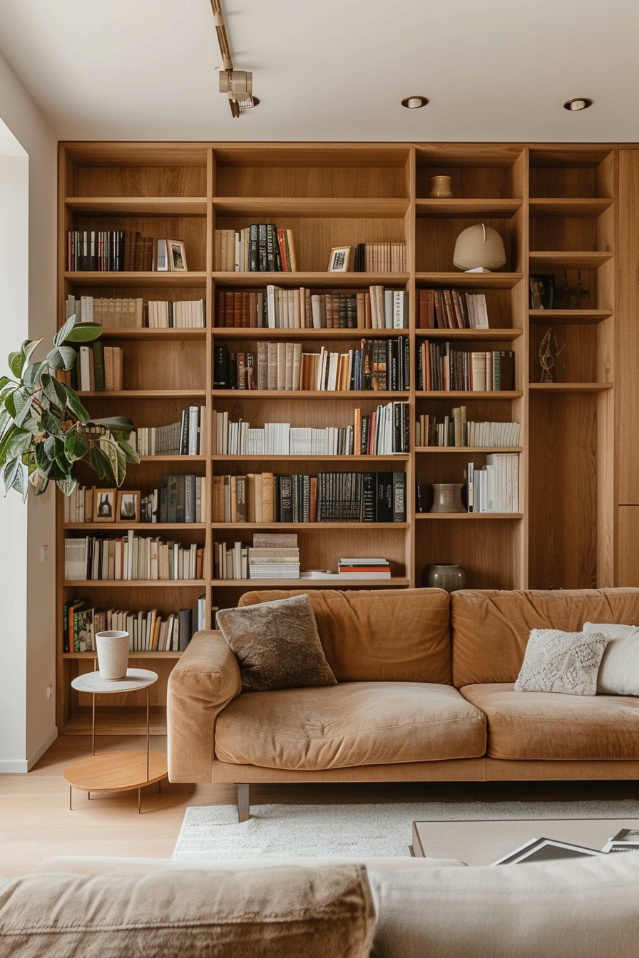 A cozy living room with a large wooden bookshelf full of books, a comfy tan sofa, a small coffee table, and a leafy green plant.